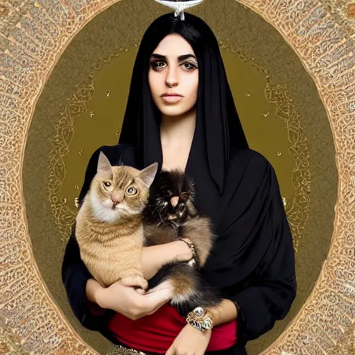 Image similar to cute emo moroccan woman, with long dark hair, thick eyebrows!!! dark eyes and dark circles!, wide nose!!!, big eyes, oval face shape, big cheeks!, she is holding a cat in her arms, by juan villafuerte, greg rutkowski and alphonse mucha, pexels contest winner, high quality photo, hd rtx