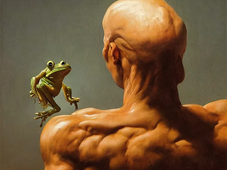 Prompt: a detailed profile painting of a body builder with a frogs head by beksinski carl spitzweg and tuomas korpi. baroque elements. baroque element. intricate artwork by caravaggio. Oil painting. Trending on artstation. 8k