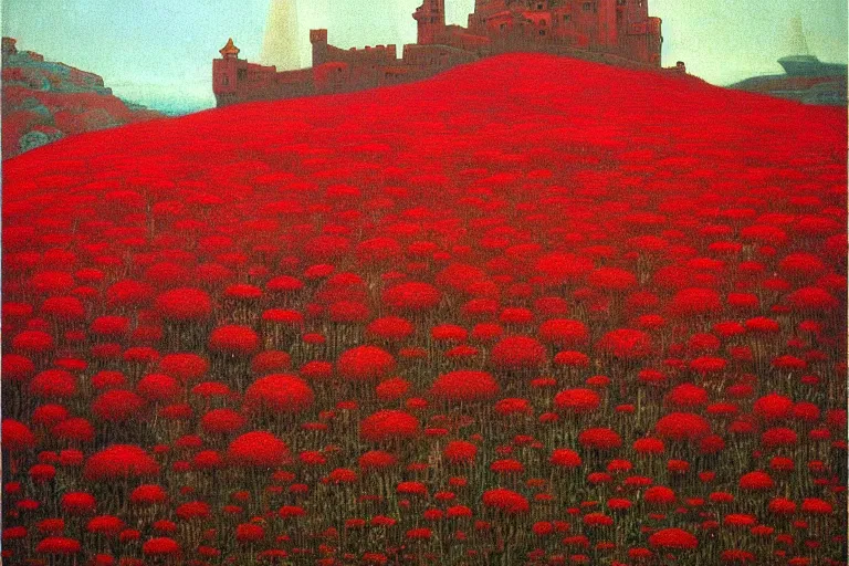 Image similar to only with red, red flowers of different types, a castle in the background, red orcs and trolls dance over the flowers, in the style of beksinski, part by hopper, part by rodcenko, part by hofbauer, intricate composition, red by caravaggio, insanely quality, highly detailed, masterpiece, red light, artstation, 8 k