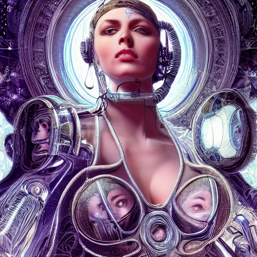 Image similar to one very beautiful woman integrating with technology, full face frontal centered, portrait, insipiring, detailed intricate ornate cables connected to head, big open electric eyes, luxurious detailed abundent wiring and implants, diamonds, sci-fi, neon, emeralds, detailed technology full background, highly detailed, artstation, Rene Lalique and Eddie Mendoza and Gil Elvgren