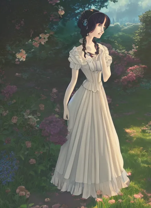 Image similar to a beautiful woman in a regency style dress, royal garden landscape , 4k, anime key visual, lois van baarle, ilya kuvshinov, rossdraws, artstation