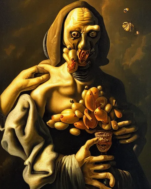 Image similar to refined dutch golden age vanitasgorgeous blended oil painting with black background by christian rex van minnen rachel ruysch dali todd schorr of a chiaroscuro portrait of an extremely bizarre disturbing mutated man with shiny skin acne dutch golden age vanitas intense chiaroscuro cast shadows obscuring features dramatic lighting perfect composition masterpiece