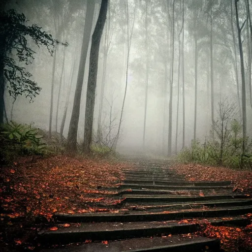 Prompt: creepy stairs in middle of forest, dark foggy misty colors!, dark forest from evil realm