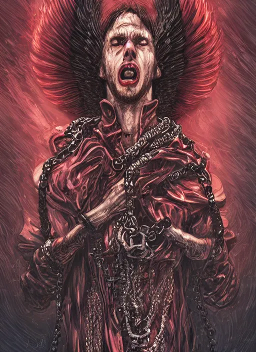 Image similar to lucifer, dark angel, red eyes, chain, handcuffs, large chain, wide open mouth, scream, cruelty, sad, sea bottom, light effect, hyper detailed, intricate, elegant, highly detailed, digital painting, artstation, concept art, matte, sharp focus, illustration, by dan mumford, yusuke murata, makoto shinkai, ross tran