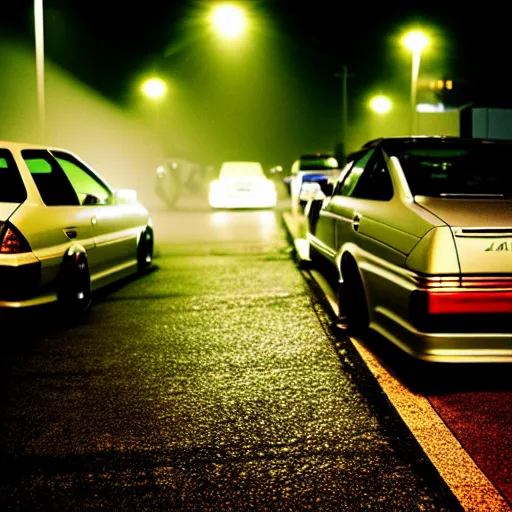 Image similar to a car JZX90 at illegal car meet, Chiba prefecture, city midnight mist lights, cinematic color, photorealistic, highly detailed, 50MM