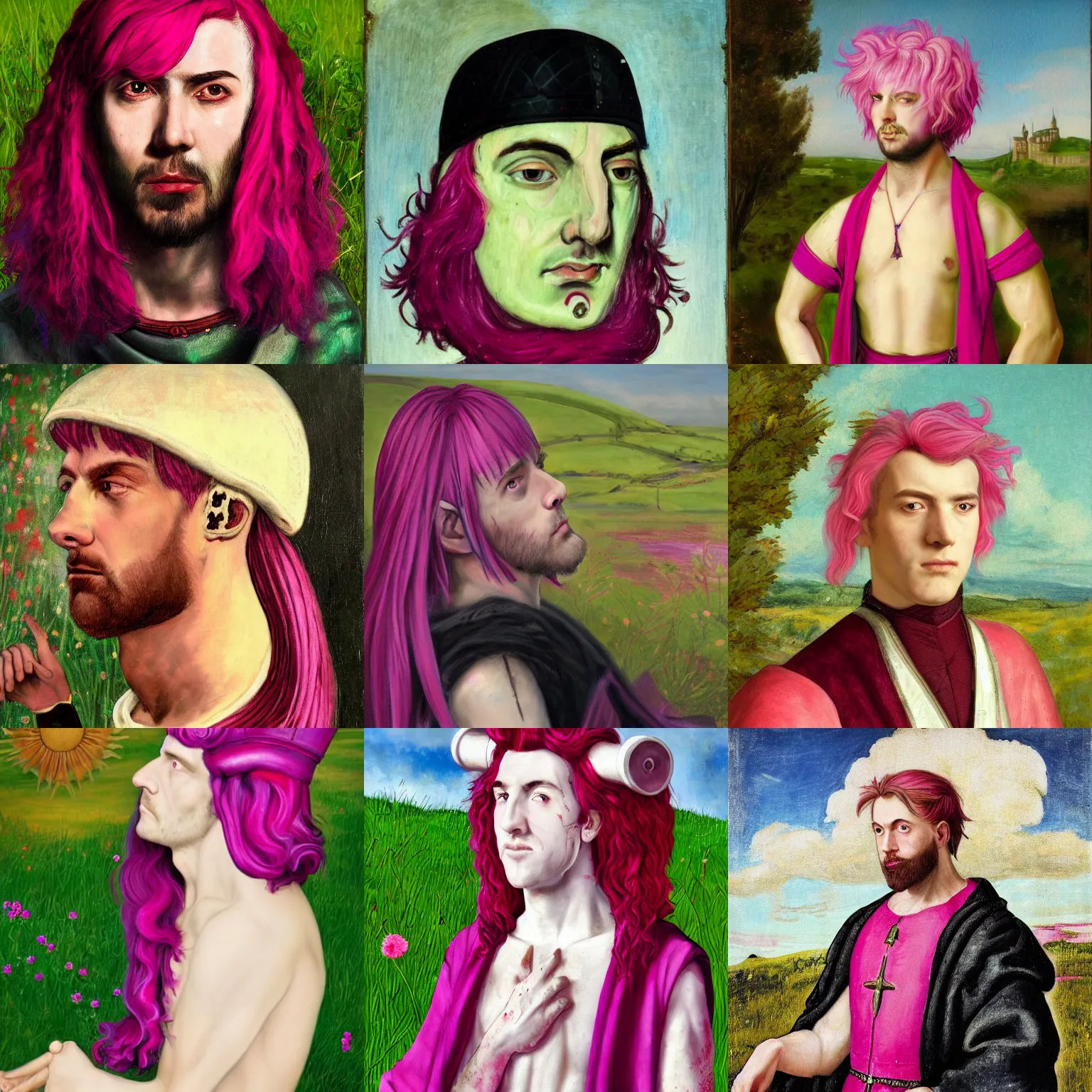 Prompt: medieval noble male with magenta hair and pink bangs which partly cover his face, full body view, dramatic pose, blood on his face, photorealistic oil painting in medieval style, portrait, sun in the sky, bloom, green grassy land and white marble columns in the background