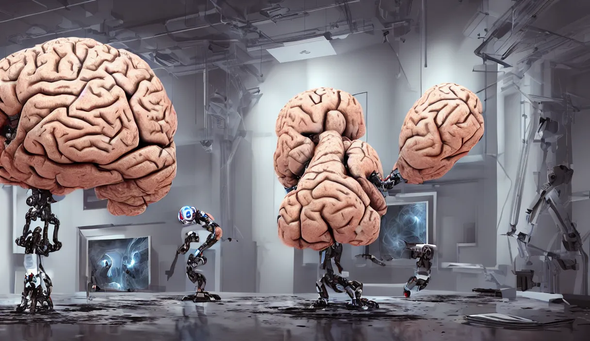 Prompt: a high resolution photo of a!! robot painting a picture of a human brain!!, standing in an! artist's studio!, hyper detailed, photography, realistic, art, 8 k, unreal 5 engine, cinematic lighting, shallow focus, wide angle