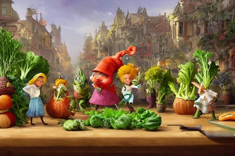 Image similar to miniature vegetable creatures parade on a cutting board. big chef in a kitchen in the background. digital art, realistic, pixar style, highly detailed, cinematic, matte painting, vivid colors, realistic, epic, low angle, lighting, by greg rutkowski and artgerm and alphonse mucha