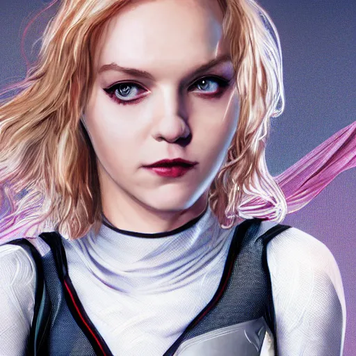 Image similar to young michellepfeiffer as spider - gwen, fantasy, intricate, elegant, highly detailed, digital painting, artstation, concept art, smooth, sharp focus, contemporary fashion shoot, by edward robert hughes, annie leibovitz and steve mccurry, david lazar, jimmy nelsson, extremely detailed, hyperrealistic, perfect face, octane render