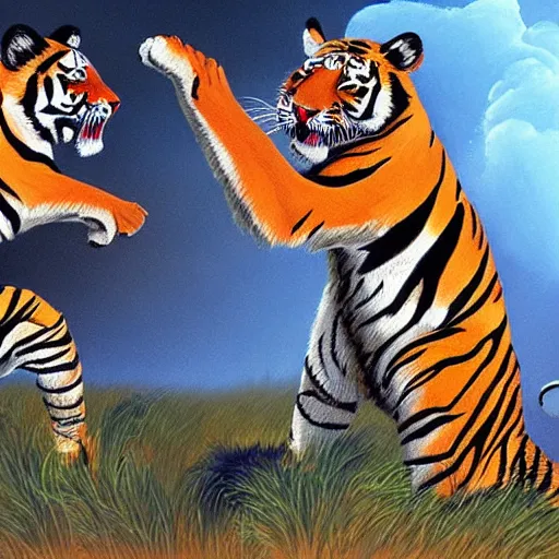 Prompt: tigers playing together, fantasy art