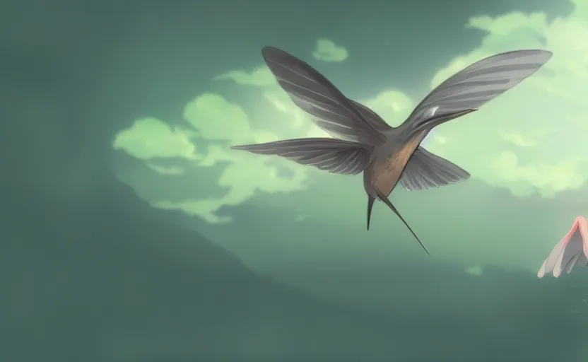 Image similar to a single humming bird in midair, DSLR, anime scenery illustrated by Makoto Shinkai, digital art, 4k
