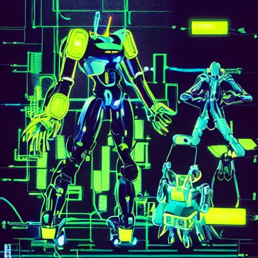 Image similar to the headless full - metal kerberos robot sirius in electrical wired neon yellow noir outfit, with eye - shaped neon lights in its torso, anime poster by yoji shinkawa, artgerm, esao andrews and yoshitaka amano