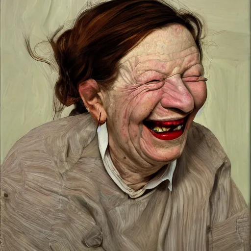 Image similar to high quality high detail painting by lucian freud, hd, a laughing woman portrait, photorealistic lighting