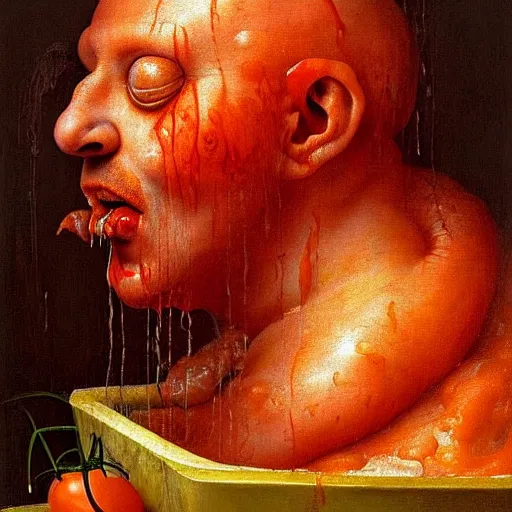 Prompt: a chef sitting in a bathtub full of tomato sauce, looking straight into camera, screaming in pain, by giuseppe arcimboldo and ambrosius benson, renaissance, fruit, intricate and intense oil paint, a touch of beksinski and hr giger, realistic