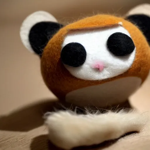 Image similar to a cute cat made of felt and linnin with googly eyes is sneaking up on a mouse made out of a sock, in a kids room on saturday morning