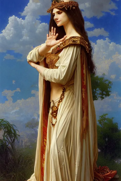 Image similar to Portrait of historically accurate, biblical, sneering, young, wicked, terrible, evil, pagan, beautiful, queen jezebel of ancient Israel, wearing gilded robes, long hair, intricate, elegant, highly detailed, masterpiece, illustration, art by artgerm and greg rutkowski and alphonse mucha and Wayne Barlowe and william-adolphe bouguereau, highly detailed, trending on artstation, award winning