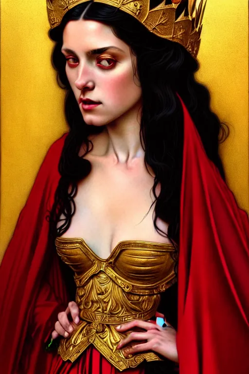 Image similar to Portrait of historically accurate, ancient biblical, sultry, sneering, evil, pagan, wicked, young queen jezebel, wearing gilded red robes, long black hair, intricate, elegant, highly detailed, digital painting, artstation, concept art, smooth, sharp focus, illustration, art by artgerm and greg rutkowski and alphonse mucha and andrei riabovitchev