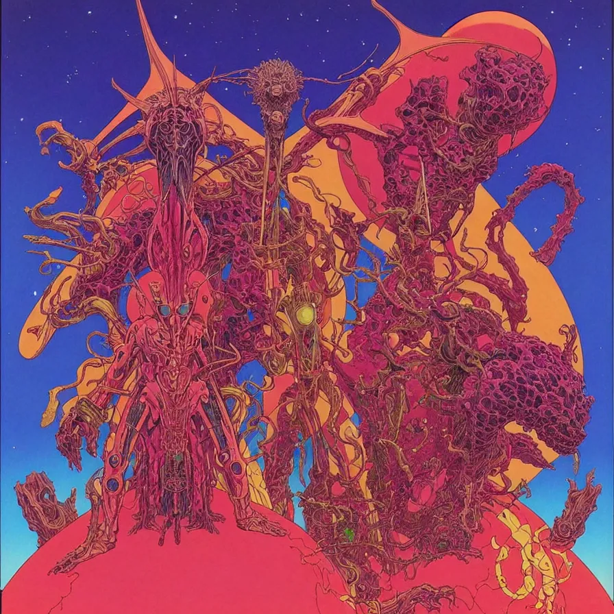 Image similar to ( ( ( ( the king of demons and the astronaut talking face to face ) ) ) ) by mœbius!!!!!!!!!!!!!!!!!!!!!!!!!!!, overdetailed art, colorful, artistic record jacket design