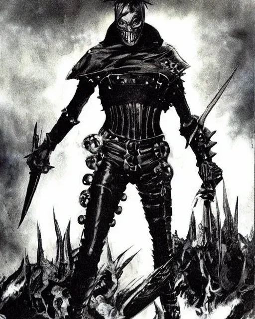 Image similar to portrait of a skinny punk goth tony todd wearing armor by simon bisley, john blance, frank frazetta, fantasy, thief warrior