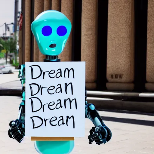Prompt: robot intelligence holding a sign with text that reads : dream