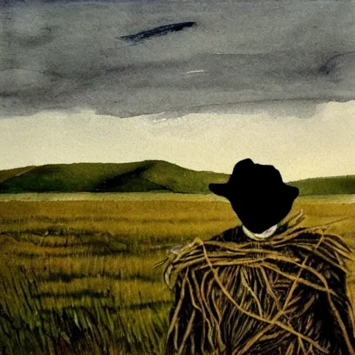 Prompt: a scarecrow in a field in the style of andrew wyeth