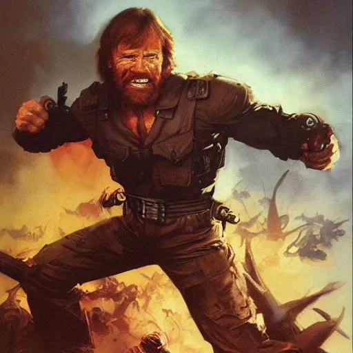 Image similar to cinematic action shot freeze frame portrait of Chuck Norris using another Chuck Norris as a weapon to fight evil by greg rutkowski and frank frazetta and peter mohrbacher and marc silvestri