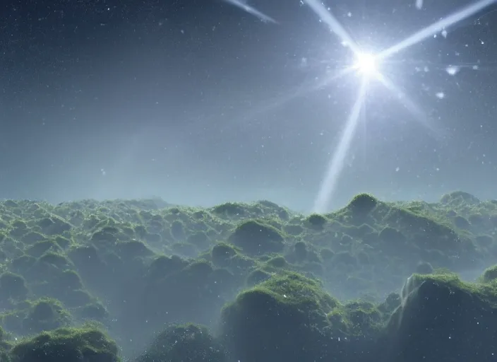 Image similar to a photo of small blobs of interdimensional fractal creatures falling from the sky like comets in the distance, on a bright day, a vast landscape with lush hills, dust particles, natural lighting, natural color palette, awe inspiring, wide angle, cinematographic, subtle lens flare