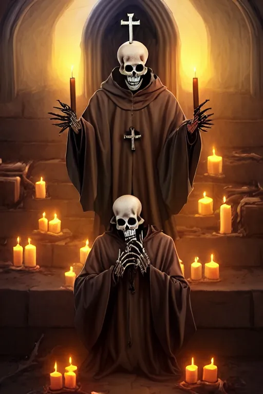 Prompt: dying rotting evil skeleton Priest at an alter giving a sermon to followers portrait by Artgerm and WLOP
