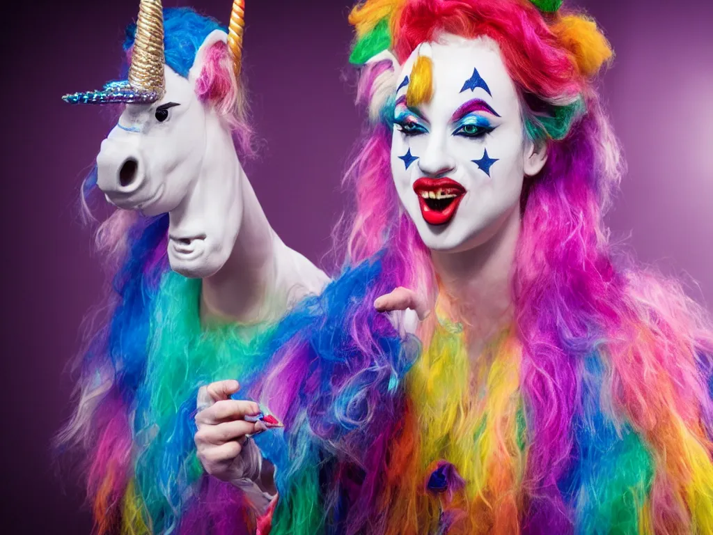 Prompt: 1 unicorn wearing clown makeup on stage auditioning for American Idol