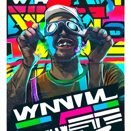 Prompt: Poster Art for Wynwood Miami Tourism, Graffiti, Geometric 3d shapes, Video Games, marijuana, smoke, by Jose Mertz, Trending on artstation