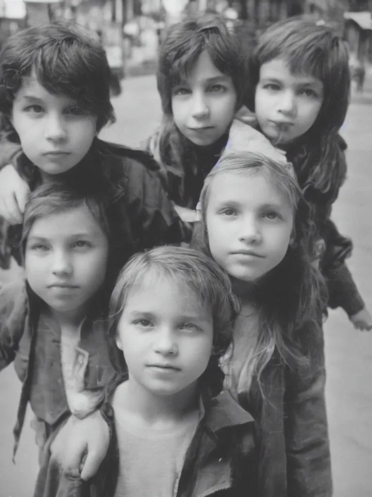 Image similar to two kids, portrait, strong backlight, town square, 1 9 8 0, polaroid