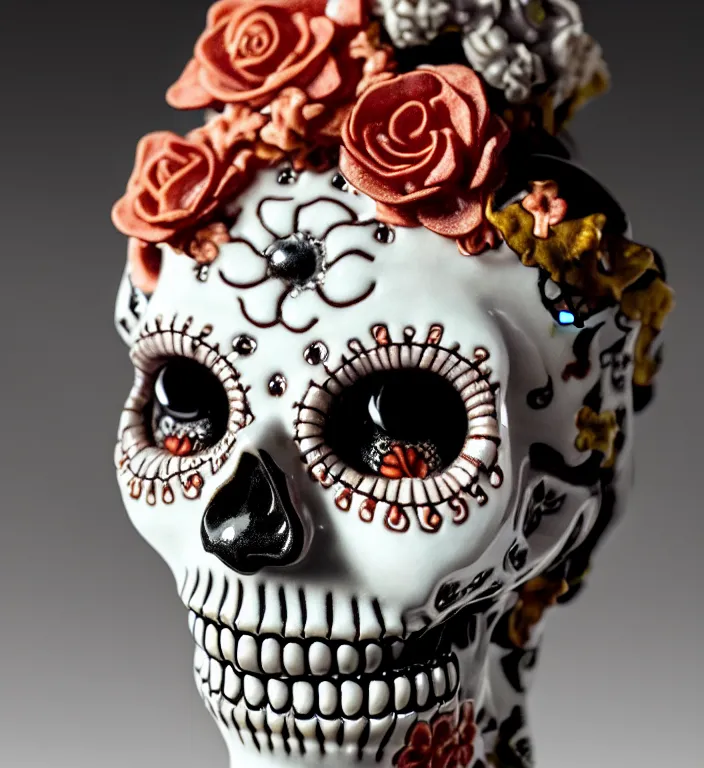 Image similar to La Catrina, A Close up photo-real delicate ceramic porcelain sculpture of a symmetrical ornate detailed in front of an intricate background by Victo Ngai and takato yamamoto, micro detail, backlit lighting, face in focus, subsurface scattering, translucent, thin porcelain, octane renderer, colorful, physically based rendering, japanese pottery, trending on cgsociety