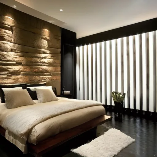 Image similar to bedroom, stone, interior design, stylish luxury hotel bedroom design, yakisugi, black vertical slatted timber, textures, feminine, black walls, art, vase with flowers, Japanese influences