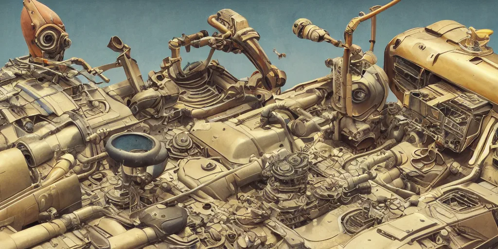 Image similar to collection of exploration of form and shapes, moebius, engine, props, hard surface, panel, simon stalenhag, kitbash, items, gadget, big medium small, close up, vehicles, futuristic, parts, machinery, greebles, insanely detailed, case, hardware, golden ratio, wes anderson color scheme, in watercolor gouache detailed paintings