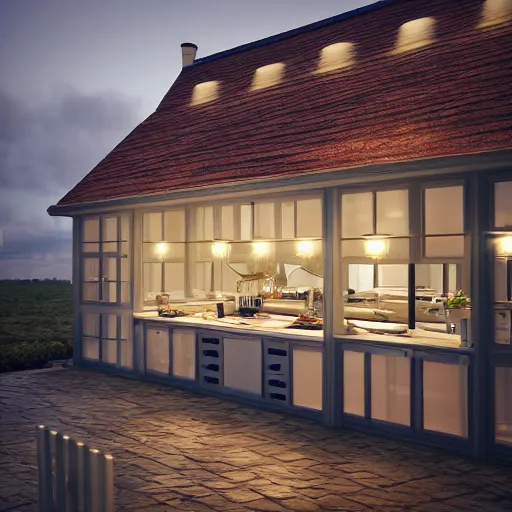 Image similar to kitchen roof lantern led strip lighting, realistic, wide shot, octane render, house and home, home and garden, hyper realistic, high quality, highly detailed, hd, beautiful, cinematic, 8 k, unreal engine,