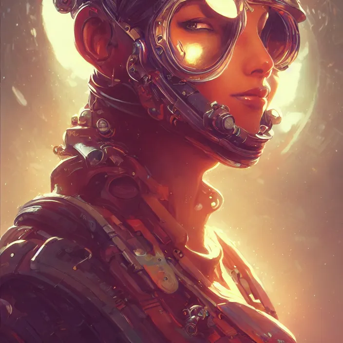 Image similar to a head and shoulders portrait of a female space pirate, neon, retro, steampunk, smooth, sharp focus, intricate, artstation, detailed concept art by Greg Rutkowski and Norman Rockwell and artgerm and Petros Afshar