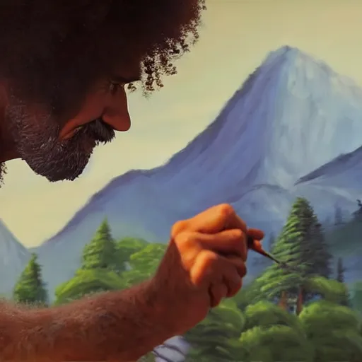 Image similar to a closeup photorealistic photograph of bob ross working on a canvas painting of spiderman. film still. brightly lit scene. mountains and trees. this 4 k hd image is trending on artstation, featured on behance, well - rendered, extra crisp, features intricate detail, epic composition and the style of unreal engine.