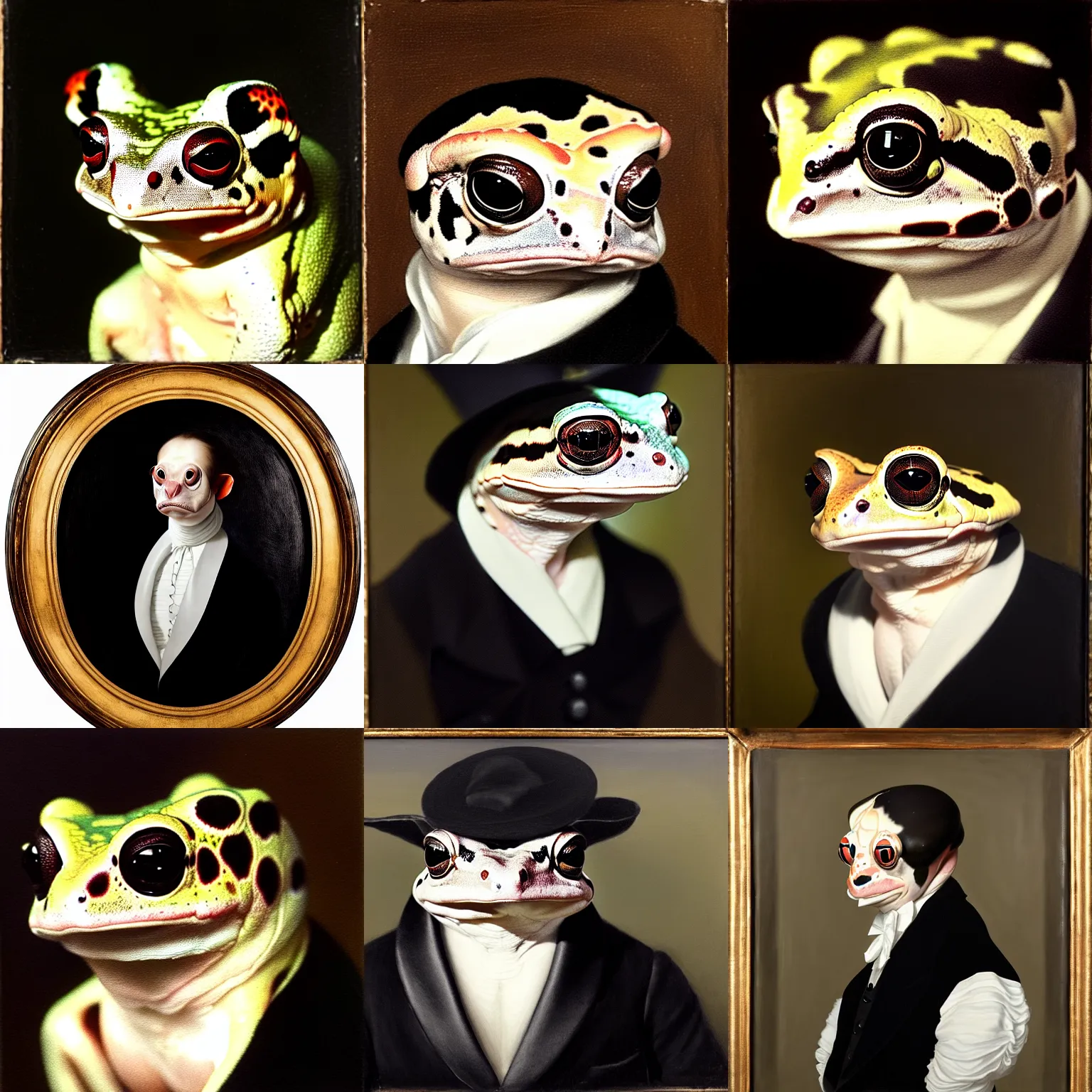 Prompt: a head - and - shoulders portrait of an amazon milk frog looking off camera wearing a black frock coat and white ascot, an american romanticism painting, a portrait painting, cgsociety, soft focus, oil on canvas