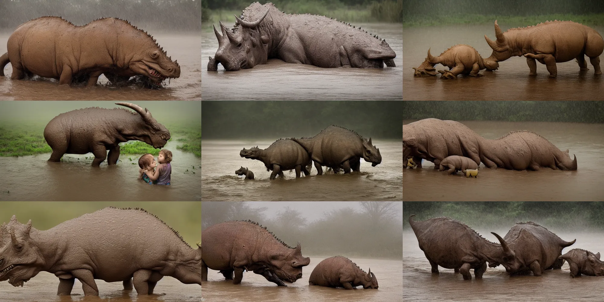 Prompt: nature photography of a rain soaked triceratops and her baby in flood waters, african savannah, rainfall, muddy embankment, fog, digital photograph, award winning, 5 0 mm, telephoto lens, national geographic, large eyes