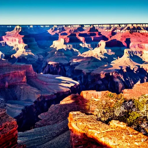 Image similar to a picnic at the bottom of the grand canyon, golden hour