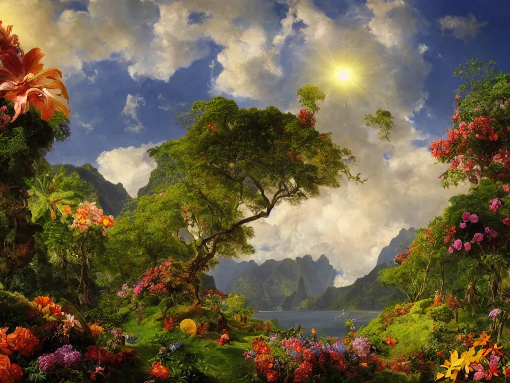 Prompt: kauai springtime, universe is a spheroid region 7 0 5 meters in diameter, sunlight study, art nouveau, by jan davidsz de heem and ( ( ( ( ( lisa frank ) ) ) ) ) and frederic edwin church, oil - painting, 3 d render, 8 k, extreme detail, sharp focus, octane render