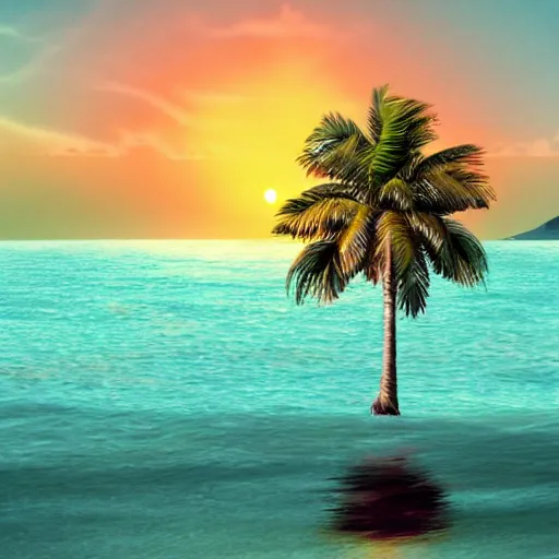 Image similar to lone palm tree on a lonely island in the sea, concept art, illustrated, highly detailed, high quality, bright colors, optimistic,