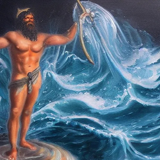 Image similar to Poseidon, the god of the sea, beautiful oil painting, dark colors