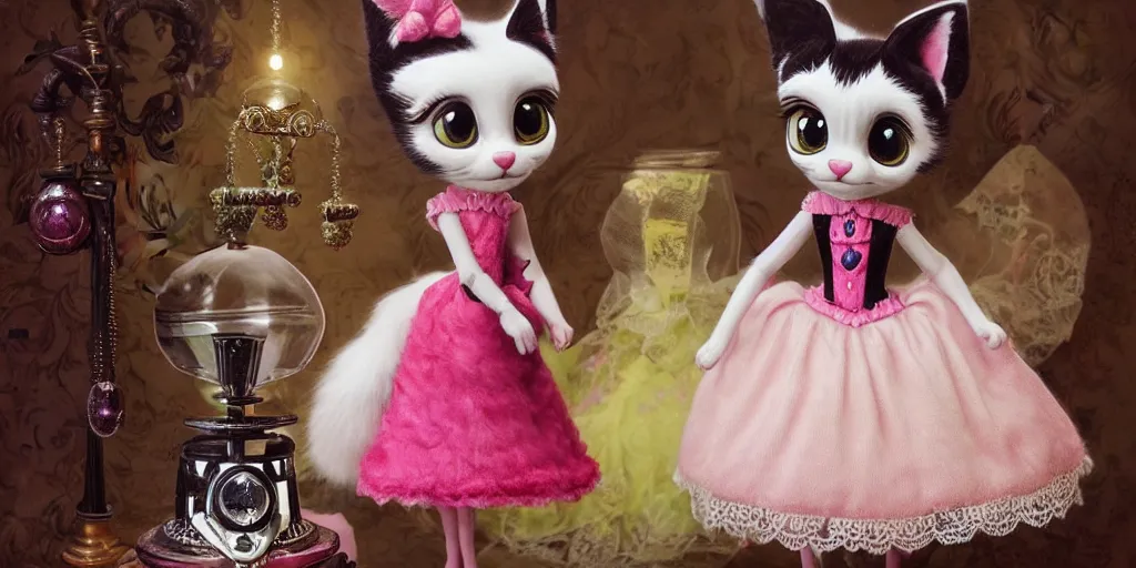 Prompt: 3 d littlest pet shop cat, vintage gothic gown, gumball machine, realistic fur, smiling, lace, master painter and art style of noel coypel, art of emile eisman - semenowsky, art of edouard bisson