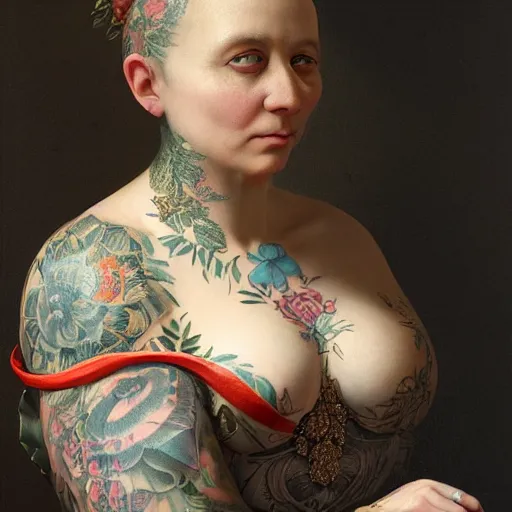 Prompt: ultra detailed, 4 k portrait of a tattooed woman in baroque dress, fully dressed by rachel ruysch