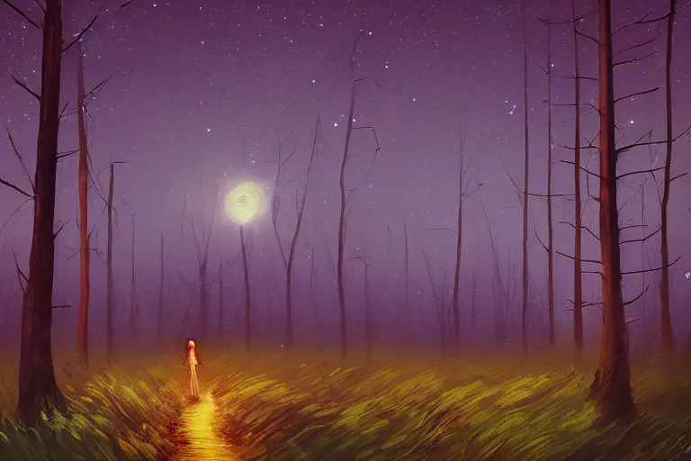 Image similar to giant sunflower head, girl walking in a moonlit forest, hills, surreal photography, dark night, star trails, dramatic light, impressionist painting, clouds, digital painting, artstation, simon stalenhag