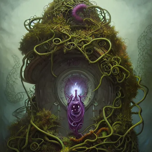 Image similar to On a domed structure made of tentacled rock vines, there is an orc fused and blended with the vines, a purple crystal pulsing in his chest, Peter Mohrbacher, artwork by Peter Mohrbacher