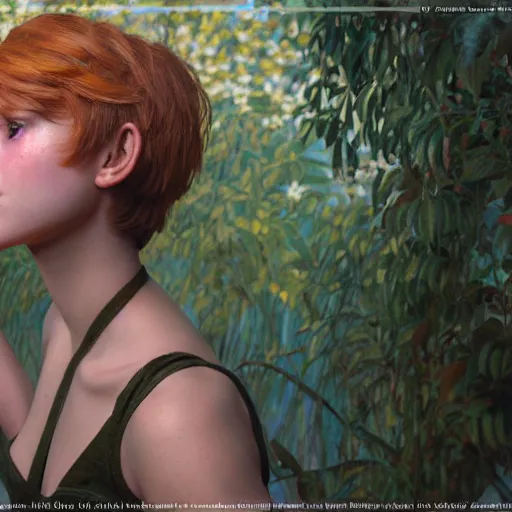 Prompt: a girl with pixie cut in shorts with suspenders drawn by slb, frank frazetta, ralph bakshi, alphonse mucha, gustav klimt 8k, 4k, unreal 5, DAZ, trending on artstation, octane render, hyperrealistic