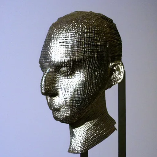 Image similar to sculpture of a head made from stainless steel staples, museum art, high concept, photorealistic, high resolution, dramatic lighting, modern art