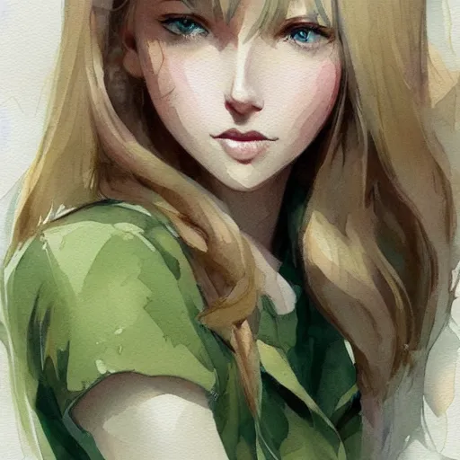 Prompt: blonde haired girl, green eyes, artstation, watercolor, highly detailed, portrait, by krenz cushart